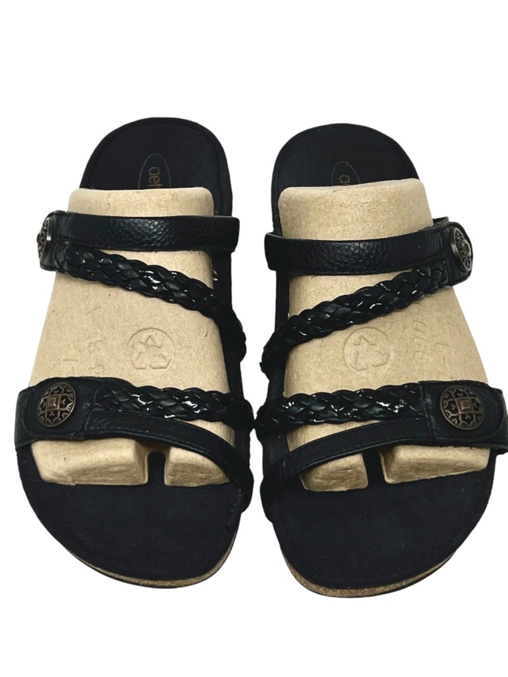 Women's Aetrex Janey Braided Slide Black Leather Slip On Sandal size 8 - Picture 2 of 13